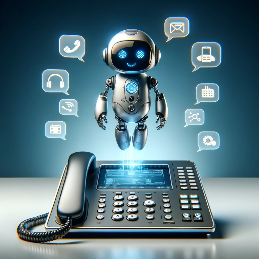 Illustration eines KI-Assistenten neben einem Bürotelefon