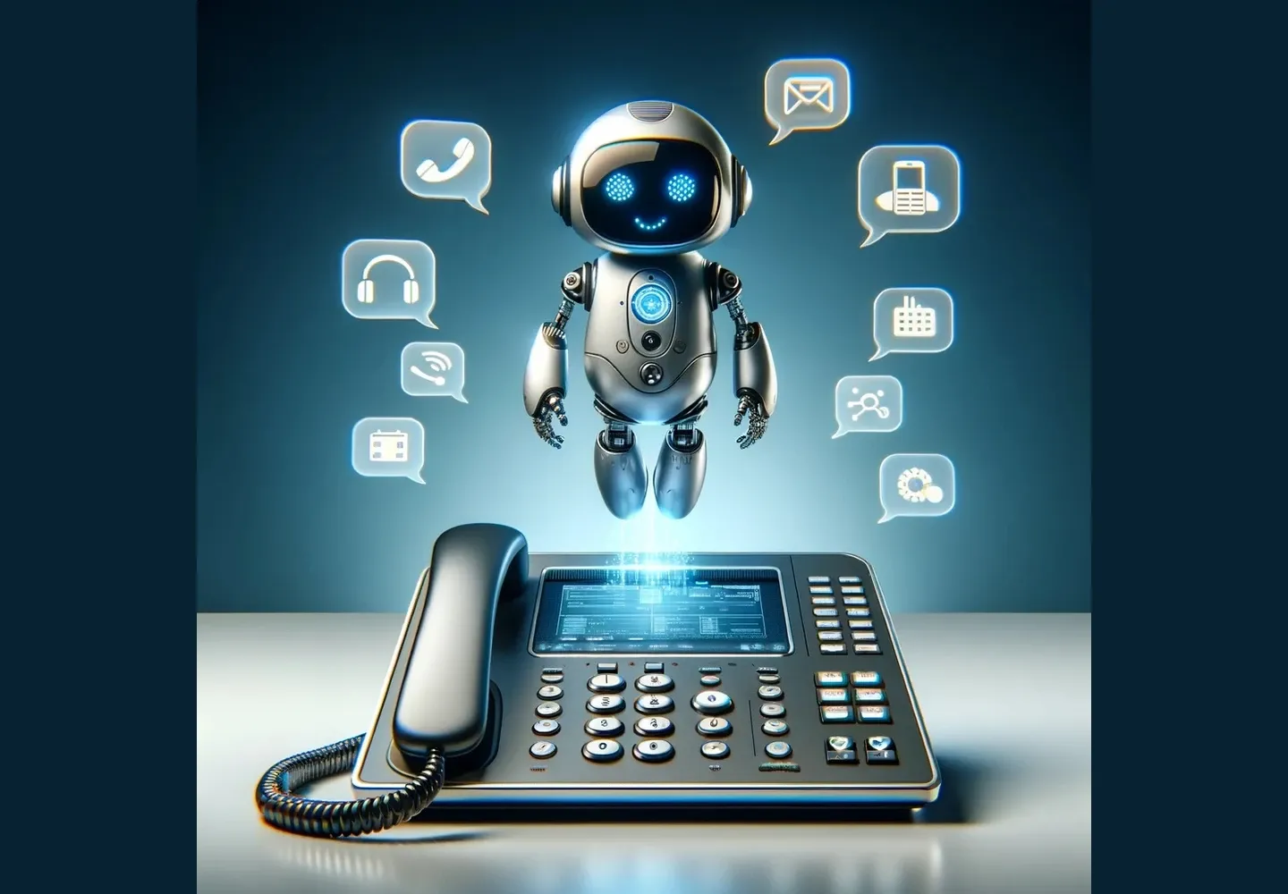 Freundlicher digitaler Assistent über einem Bürotelefon mit Symbolen für Kommunikation und Weiterleitung.